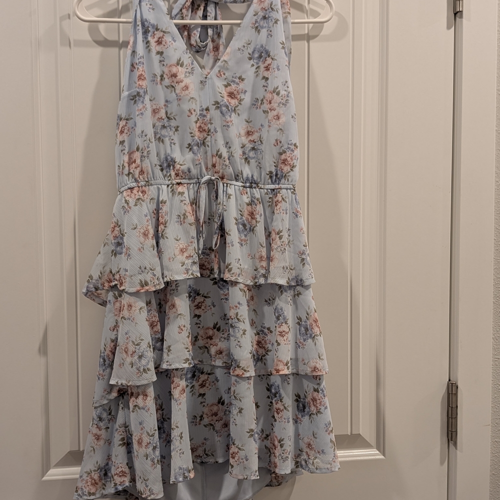 Trixxi Floral Tiered Dress - Light Blue and Pink